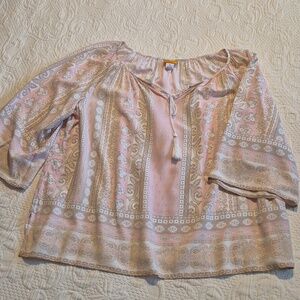 Ruby Rd woman blouse size 1X pink, tan, white peach, flowy 3/4 sleeve VGUC